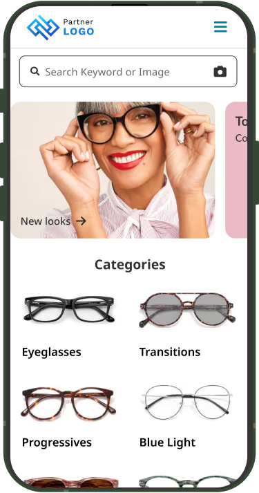 iPhone prototype displaying eyewear categories, indicating partnership